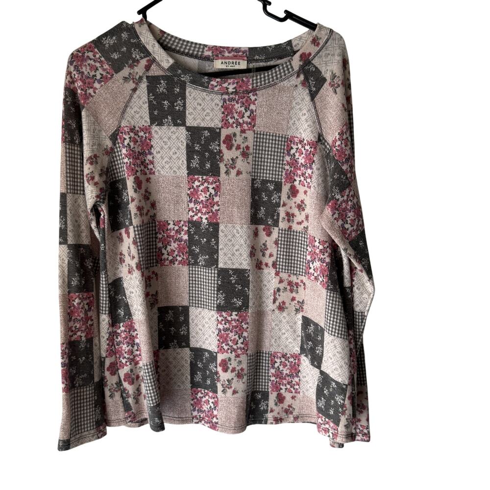 Andree By Unit Sweater Womens Medium Floral Patchwork Pullover Soft Top